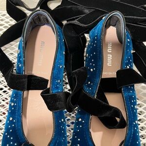 Miu Miu Velvet Ballet Lace-Up Flats - Excellent, Size 40
